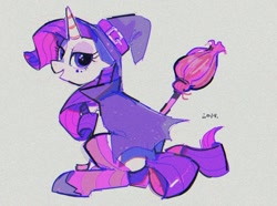 Size: 1024x761 | Tagged: safe, artist:poneko-chan, character:rarity, species:pony, species:unicorn, broom, clothing, costume, female, halloween, halloween costume, hat, mare, socks, solo, striped socks, witch hat