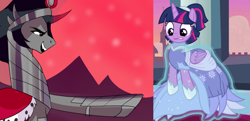 Size: 1450x700 | Tagged: safe, artist:xjenn9fusion, edit, character:king sombra, character:twilight sparkle, character:twilight sparkle (alicorn), species:alicorn, species:pony, episode:the last problem, g4, my little pony: friendship is magic, second coronation dress