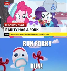 Size: 871x917 | Tagged: safe, artist:mlpfan3991, edit, edited screencap, screencap, character:pinkie pie, character:rarity, equestria girls:holidays unwrapped, g4, my little pony: equestria girls, my little pony:equestria girls, spoiler:eqg series (season 2), break your own news, breaking news, fake, fake news, forky, meme, rarity's winter hat, saving pinkie's pie, spork, toy story 4