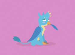 Size: 1666x1218 | Tagged: safe, artist:gd_inuk, character:gallus, species:griffon, beak hold, blank eyes, blushing, chest fluff, cute, empty eyes, feather, gallabetes, lineless, male, no pupils, pink background, simple background, sitting, solo, stylized
