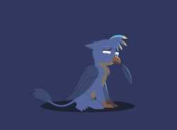 Size: 1666x1218 | Tagged: safe, alternate version, artist:gd_inuk, character:gallus, species:griffon, beak hold, blank eyes, blue background, chest fluff, cute, empty eyes, feather, gallabetes, lighting, lineless, lonely, male, no pupils, sad, sadorable, simple background, sitting, solo, stylized