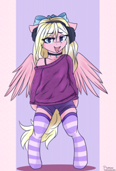 Size: 3000x4400 | Tagged: safe, artist:lakunae, oc, oc only, oc:bay breeze, species:pegasus, species:pony, bipedal, bow, choker, clothing, cute, female, hair bow, looking at you, mare, ocbetes, pegasus oc, semi-anthro, shorts, simple background, smiling, socks, solo, striped socks, sweater