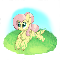 Size: 2250x2250 | Tagged: safe, artist:litrojia, character:fluttershy, species:pegasus, species:pony, alternate hairstyle, chest fluff, cute, female, folded wings, grass, looking away, looking up, lying down, mare, outdoors, prone, shyabetes, smiling, solo, wings