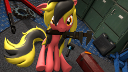 Size: 3840x2160 | Tagged: safe, artist:unnero1, oc, oc only, oc:high gear, species:earth pony, species:pony, 3d, carpet, cute, garage, gears, hammer, lockers, looking at you, mouth hold, ocbetes, screwdriver, sitting, toolbox, wrench
