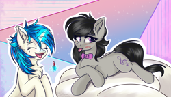 Size: 3800x2160 | Tagged: safe, artist:lakunae, character:dj pon-3, character:octavia melody, character:vinyl scratch, species:earth pony, species:pony, species:unicorn, ship:scratchtavia, blushing, cute, ear fluff, eyes closed, female, hooves, kiss mark, laughing, lesbian, lipstick, magic, makeup, mare, pillow, shipping, simple background, telekinesis