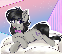 Size: 2500x2160 | Tagged: safe, alternate version, artist:lakunae, character:octavia melody, species:earth pony, species:pony, bow tie, cute, ear fluff, female, hooves, magic, mare, pillow, prone, simple background, solo, tongue out