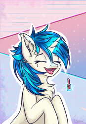 Size: 1500x2160 | Tagged: safe, alternate version, artist:lakunae, character:dj pon-3, character:vinyl scratch, species:pony, species:unicorn, cute, ear fluff, eyes closed, female, hooves, laughing, lipstick, magic, makeup, mare, simple background, solo, telekinesis, vinylbetes