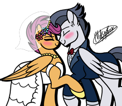 Size: 2048x1780 | Tagged: safe, artist:melspyrose, character:rumble, character:scootaloo, species:pegasus, species:pony, ship:rumbloo, blushing, clothing, cute, cutealoo, dress, ear fluff, female, grown ups, male, mare, marriage, married couple, older, older rumble, older scootaloo, rumblebetes, shipping, stallion, straight, wedding, wedding dress, wedding suit, wedding veil