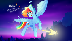 Size: 2560x1440 | Tagged: safe, artist:fuzzypones, character:rainbow dash, blush sticker, blushing, colored, evening sky, female, flying, in air, mountain, mountain range, smiling, solo, text