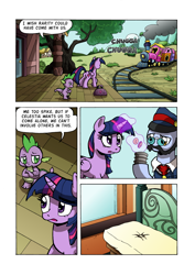 Size: 1204x1700 | Tagged: safe, artist:tarkron, character:spike, character:twilight sparkle, character:twilight sparkle (alicorn), species:alicorn, species:dragon, species:pony, comic:the royal sandal, bits, comic, dialogue, female, friendship express, glowing horn, horn, magic, male, mare, ponyville train station, stallion, telekinesis, train