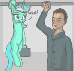 Size: 860x826 | Tagged: safe, artist:kozachokzrotom, character:lyra heartstrings, species:human, species:pony, species:unicorn, context is for the weak, female, hanging, lyra doing lyra things, mare, public transportation, sketch, suitcase