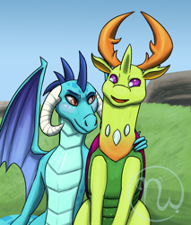 Size: 1700x2000 | Tagged: safe, artist:azurllinate, character:princess ember, character:thorax, species:changeling, species:dragon, species:reformed changeling, arm around back, blushing, couple, dragon lord ember, embrax, female, happy, hill, horns, interspecies, interspecies love, looking at each other, male, mixed feelings, orange eyes, purple eyes, rock, royalty, shipping, sky, smiling, straight, wings