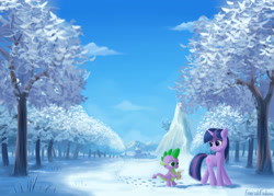 Size: 3500x2500 | Tagged: safe, artist:emeraldgalaxy, character:spike, character:twilight sparkle, character:twilight sparkle (unicorn), species:dragon, species:pony, species:unicorn, canterlot, canterlot castle, cute, duo, footprints, ponyville, ponyville town hall, scenery, scroll, snow, spikabetes, tree, twiabetes, winter