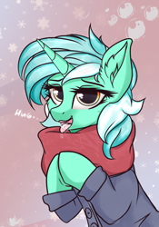 Size: 1400x2000 | Tagged: safe, alternate version, artist:lakunae, character:lyra heartstrings, species:pony, species:unicorn, clothing, cold, female, hug request, mare, scarf, simple background, solo, tongue out, winter