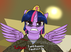 Size: 3400x2500 | Tagged: safe, artist:lakunae, character:twilight sparkle, character:twilight sparkle (alicorn), species:alicorn, species:pony, angry, barkov, call of duty, camouflage, clothing, determination, female, grammar error, gritted teeth, hug, mare, meme, military uniform, misspelling, modern warfare, urzikstan