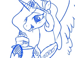 Size: 800x615 | Tagged: safe, artist:senkousya41, artist:snk, character:princess celestia, species:alicorn, species:pony, cake, cakelestia, female, food, hoof hold, licking, licking lips, mare, monochrome, sketch, solo, spread wings, tongue out, wings
