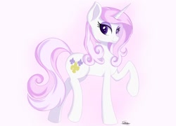 Size: 1280x922 | Tagged: safe, artist:sadtrooper, character:fleur-de-lis, species:pony, species:unicorn, female, looking at you, mare, raised hoof, skunk stripe, smiling, solo