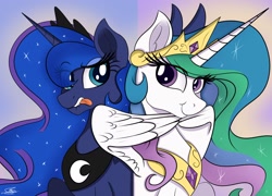 Size: 1920x1383 | Tagged: safe, artist:sadtrooper, character:princess celestia, character:princess luna, species:alicorn, species:pony, cute, duo, female, looking at you, mare, royal sisters, sillestia, silluna, silly, silly celestia, silly luna, tongue out, wing hands, wings