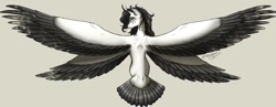 Size: 1024x399 | Tagged: safe, artist:bootsdotexe, oc, oc only, oc:aurora concordia, species:alicorn, species:pony, alicorn oc, curved horn, female, four wings, horn, looking up, mare, multiple wings, seraph, seraphicorn, spread wings, tail feathers, tan background, top down, wings
