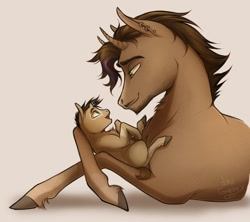 Size: 1024x910 | Tagged: safe, artist:bootsdotexe, oc, oc only, oc:lockhart, species:pony, comic:beyond our borders, bicorn, colt, duo, father and son, foal, looking at each other, male, mutant, realistic horse legs, semi-grimdark series, stallion, suggestive series, tan background