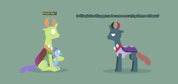 Size: 8847x4205 | Tagged: safe, artist:gd_inuk, character:pharynx, character:prince pharynx, character:princess ember, character:thorax, species:changeling, species:reformed changeling, absurd resolution, blank eyes, blushing, changedling brothers, crush plush, dialogue, duo, embarrassed, empty eyes, green background, implied embrax, lineless, no mouth, no pupils, palindrome get, pharynx is not amused, plushie, simple background, sitting, stylized, surprised