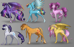 Size: 1650x1050 | Tagged: safe, artist:bootsdotexe, character:applejack, character:fluttershy, character:pinkie pie, character:rainbow dash, character:rarity, character:twilight sparkle, character:twilight sparkle (alicorn), species:alicorn, species:earth pony, species:pegasus, species:pony, species:unicorn, comic:beyond our borders, alternate universe, amputee, artificial wings, augmented, backwards cutie mark, braid, braided tail, colored wings, colored wingtips, female, four wings, gray background, leonine tail, mane six, mare, multiple wings, prosthetic limb, prosthetic wing, prosthetics, realistic horse legs, semi-grimdark series, seraph, seraphicorn, simple background, suggestive series, tail feathers, unshorn fetlocks, wings