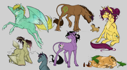 Size: 2000x1100 | Tagged: safe, artist:bootsdotexe, oc, oc only, oc:ruby cube, species:earth pony, species:pegasus, species:pony, species:unicorn, amputee, bottle, female, flower, flower in hair, foal, goggles, gray background, leonine tail, male, mare, realistic horse legs, simple background, socks (coat marking), stallion, unshorn fetlocks