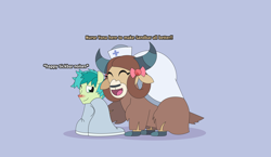 Size: 5411x3131 | Tagged: safe, artist:gd_inuk, character:sandbar, character:yona, species:earth pony, species:pony, species:yak, ship:yonabar, blanket, bow, clothing, descriptive noise, dialogue, duo, eyes closed, female, hair bow, hat, male, nurse hat, nurse outfit, one eye closed, shipping, sick, sitting, straight