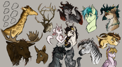 Size: 2350x1300 | Tagged: safe, artist:bootsdotexe, character:sandbar, oc, oc:raycraft, unnamed oc, species:abyssinian, species:deer, species:dracony, species:dragon, species:earth pony, species:hippogriff, species:pegasus, species:pony, species:reindeer, species:unicorn, species:zebra, alternate universe, bunny ears, bust, cat, curling horn, facial hair, female, giraffe, goatee, goggles, gray background, hippogriff oc, horns, hybrid, long description, male, mare, moose, moose calf, non-pony oc, portrait, realistic, realistic anatomy, simple background, snip (coat marking), stallion