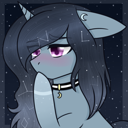 Size: 894x894 | Tagged: safe, artist:okimichan, oc, oc:moonheart, species:pony, species:unicorn, blushing, constellation, eye clipping through hair, female, floppy ears, jewelry, mare, necklace, solo