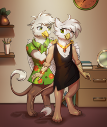 Size: 2480x2952 | Tagged: safe, artist:klooda, oc, oc:mizzy, oc:rené de artois, species:griffon, clothing, colored, couple, detailed, dress, duo, female, flat colors, griffon oc, interior, jewelry, lineart, male, necklace, one eye closed, smiling, soft color, standing, wink