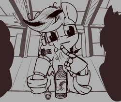 Size: 710x600 | Tagged: safe, artist:dacaoo, oc, oc only, oc:blackjack, species:pony, species:unicorn, fallout equestria, fallout equestria: project horizons, augmented, biohacking, cyber legs, cyborg, fanfic art, female, glass, mare, monochrome, shot glass
