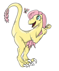 Size: 1614x1953 | Tagged: safe, artist:notadeliciouspotato, character:fluttershy, oc, oc only, oc:raptorshy, 2020 community collab, derpibooru community collaboration, butterfly, dinosaur, dinosaurified, female, simple background, smiling, solo, species swap, transparent background, velociraptor, veloshyraptor