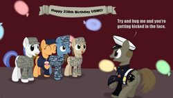 Size: 1920x1080 | Tagged: safe, artist:midwestbrony, species:pony, air force, army, balloon, birthday, clothing, coast guard, marine, military, navy, ponified, uniform