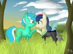 Size: 2448x1809 | Tagged: dead source, safe, artist:mostlyponyart, character:bon bon, character:lyra heartstrings, character:sweetie drops, species:changeling, species:pony, species:unicorn, ship:lyrabon, bon bon is best changeling, eye contact, female, grass, lesbian, looking at each other, mare, shipping, smiling