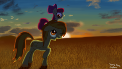 Size: 1920x1080 | Tagged: safe, artist:midwestbrony, character:apple bloom, character:spitfire, species:pony, ponies riding ponies, riding, sunset