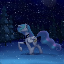 Size: 1080x1080 | Tagged: safe, artist:midwestbrony, character:princess celestia, species:alicorn, species:pony, clothing, eyes closed, female, night, scarf, snow, snowfall, solo, tree