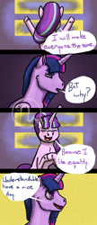 Size: 1300x3000 | Tagged: safe, artist:azurllinate, character:starlight glimmer, character:twilight sparkle, character:twilight sparkle (alicorn), species:alicorn, species:pony, species:unicorn, back to viewer, blushing, comic strip, dialogue, equal sign, equality, eyes closed, facing away, female, hoof on chest, just a pancake, kingdom hearts, legs raised, mare, ponytail, questioning, smiling, speech, speech bubble, squint
