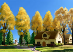 Size: 3500x2500 | Tagged: safe, artist:emeraldgalaxy, character:rarity, character:sweetie belle, species:pony, species:unicorn, g4, autumn, bench, female, filly, fountain, house, houses, mare, ponyville, ponyville town hall, scenery, scenery porn, siblings, sign, sisters, street, tree