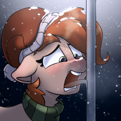 Size: 2348x2345 | Tagged: safe, artist:rexyseven, oc, oc:rusty gears, species:earth pony, species:pony, female, mare, snow, solo, tongue stuck to pole