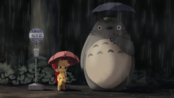 Size: 1760x990 | Tagged: safe, artist:sonicrainboom93, character:apple bloom, character:applejack, bus stop, crossover, my neighbor totoro, rain, umbrella