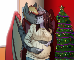Size: 2040x1640 | Tagged: safe, artist:chacrawarrior, oc, oc only, oc:savory zest, oc:scarlet quill, species:anthro, species:bat pony, species:pony, episode:hearth's warming eve, g4, my little pony: friendship is magic, anthro oc, bat pony oc, breasts, christmas, christmas tree, clothing, commission, couple, digital art, eyes closed, fangs, female, holiday, husband and wife, male, mare, married couple, oc x oc, pants, pregnant, ring, romantic, scarlory, shipping, smiling, stallion, straight, sweater, tree, wedding ring, wholesome
