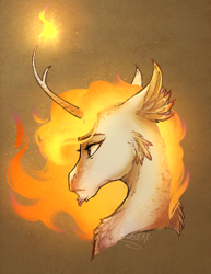 Size: 1700x2200 | Tagged: safe, artist:bootsdotexe, character:princess celestia, species:pony, comic:beyond our borders, alternate design, alternate universe, bust, cheek feathers, ethereal mane, feathered ears, female, fire, forked horn, mane of fire, mane on fire, mare, portrait, semi-grimdark series, signature, solo, suggestive series, tan background