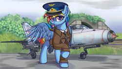 Size: 3840x2160 | Tagged: safe, artist:lakunae, character:rainbow dash, species:pegasus, species:pony, aircraft, airfield, female, hangar, looking at you, mare, mig-21, military, military uniform, pilot, pilot dash, soviet, tongue out, wings