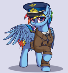 Size: 2000x2160 | Tagged: safe, alternate version, artist:lakunae, character:rainbow dash, species:pegasus, species:pony, cheek fluff, clothing, ear fluff, eye clipping through hair, female, hat, leg fluff, looking at you, mare, military, military uniform, pilot, simple background, solo, soviet, tongue out, wing fluff, wings