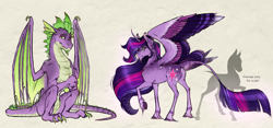 Size: 3300x1550 | Tagged: safe, artist:bootsdotexe, character:spike, character:twilight sparkle, character:twilight sparkle (alicorn), species:alicorn, species:classical unicorn, species:dragon, species:pony, species:unicorn, episode:the last problem, g4, my little pony: friendship is magic, adult, adult spike, alternate design, colored claws, ethereal mane, female, glasses, leonine tail, male, mare, older, older spike, older twilight, raised hoof, size comparison, tan background, ultimate twilight, unshorn fetlocks, winged spike