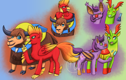 Size: 2500x1600 | Tagged: safe, artist:azurllinate, species:bat pony, species:changeling, species:classical hippogriff, species:hippogriff, species:pony, species:yak, accessories, alternate universe, annoyed, backpack, banjo kazooie, banjo the bear, banjooie, blue eyes, blushing, changelified, embarrassed, female, green eyes, hippogriffied, interspecies, interspecies love, jewelry, kazooie, large ears, laylee, leaning, looking at each other, looking away, male, necklace, pointing, ponified, puffy cheeks, raised hoof, riding on back, shipping, smiling, species swap, tonic, two toned mane, two toned tail, two toned wings, video game, wings, yakified, yooka, yooka-laylee, yoolee