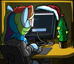 Size: 2300x2000 | Tagged: safe, artist:dacaoo, character:rainbow dash, species:pony, 2ch, christmas, christmas tree, clothing, computer, computer mouse, hat, holiday, new year, santa hat, tree