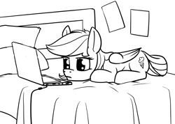 Size: 2600x1856 | Tagged: safe, artist:dacaoo, character:rainbow dash, species:pegasus, species:pony, bed, black and white, computer, female, grayscale, laptop computer, monochrome, prone, solo