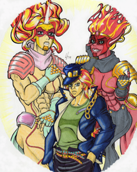 Size: 798x1000 | Tagged: safe, artist:manly man, character:daydream shimmer, character:sunset satan, character:sunset shimmer, g4, my little pony:equestria girls, crossover, daydream shimmer, demon, jojo's bizarre adventure, jotaro kujo, muscles, muscular female, stand, star platinum, stardust crusaders, sunset lifter, sunset satan, sunset's conscience, traditional art